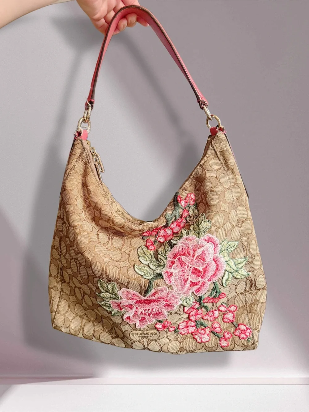 Custom Coach Signature Hobo with Pink Floral Appliqué